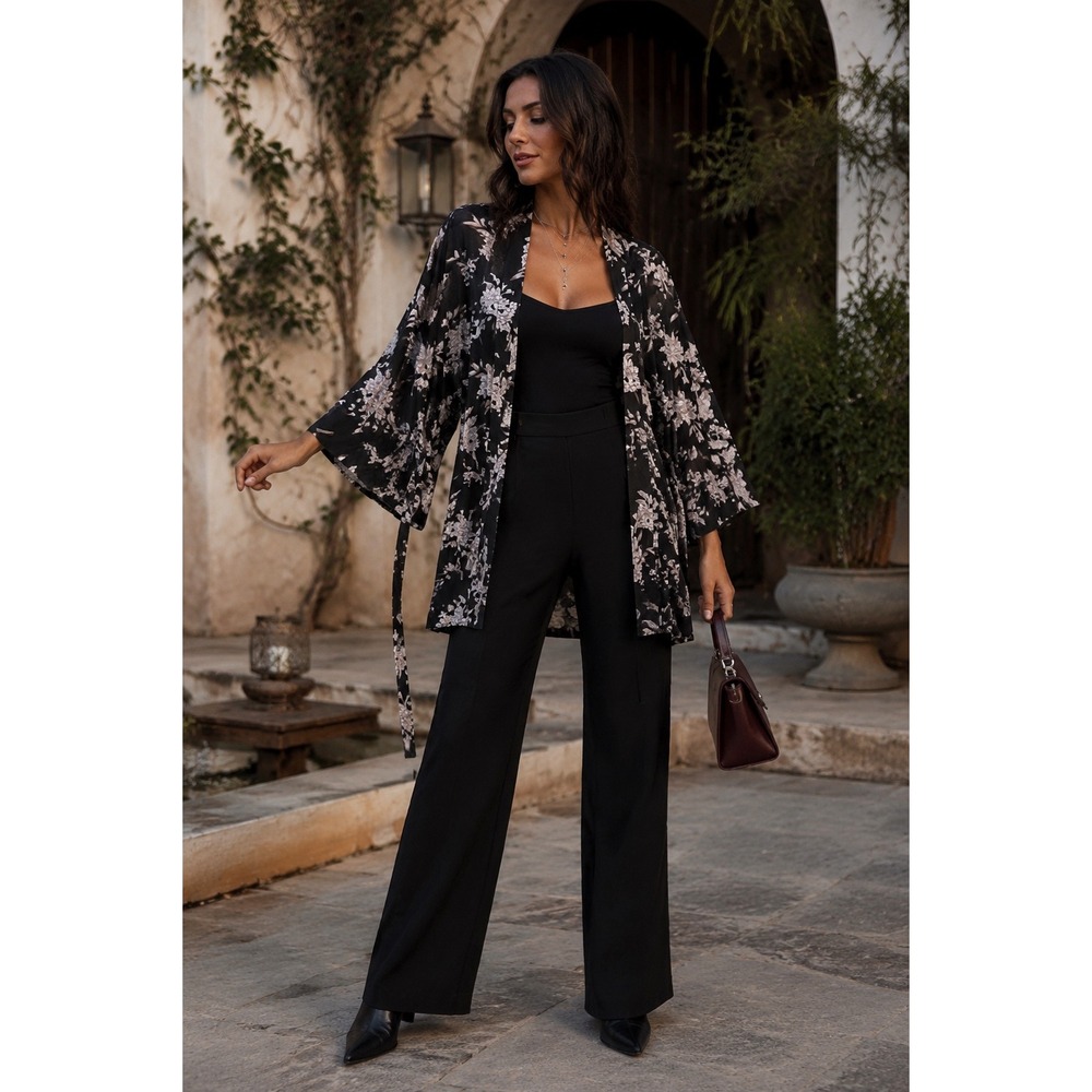 Spiritual Gangster Maya Black Floral Kimono OS Whimsigoth Boho Resort Cover Up
